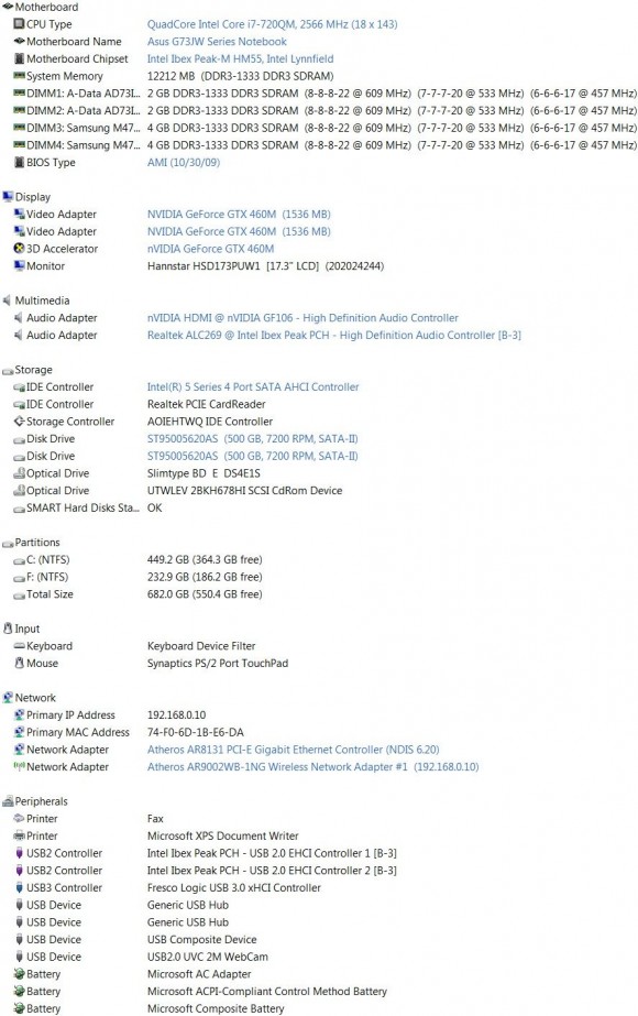ASUS G73JW - AIDA64 Computer Summary