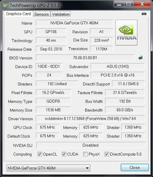 ASUS G73JW - GPU-Z