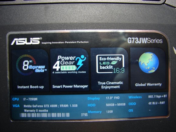ASUS G73JW - sticker specificatii