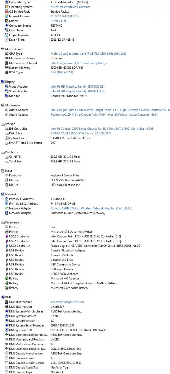 ASUS UX21E - AIDA64 Computer Summary