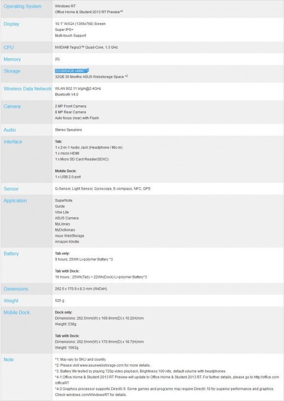 ASUS VivoTab RT - specificatii
