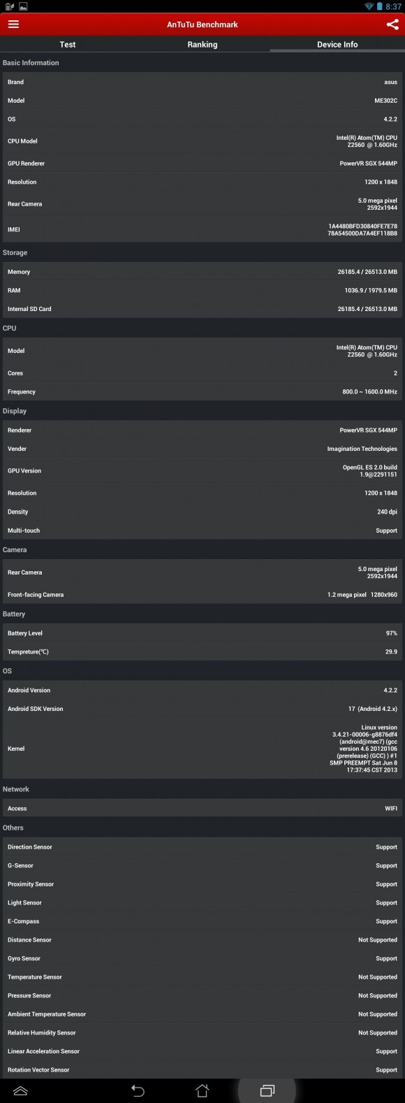 ASUS MeMO Pad FHD 10 - AnTuTu Device Info