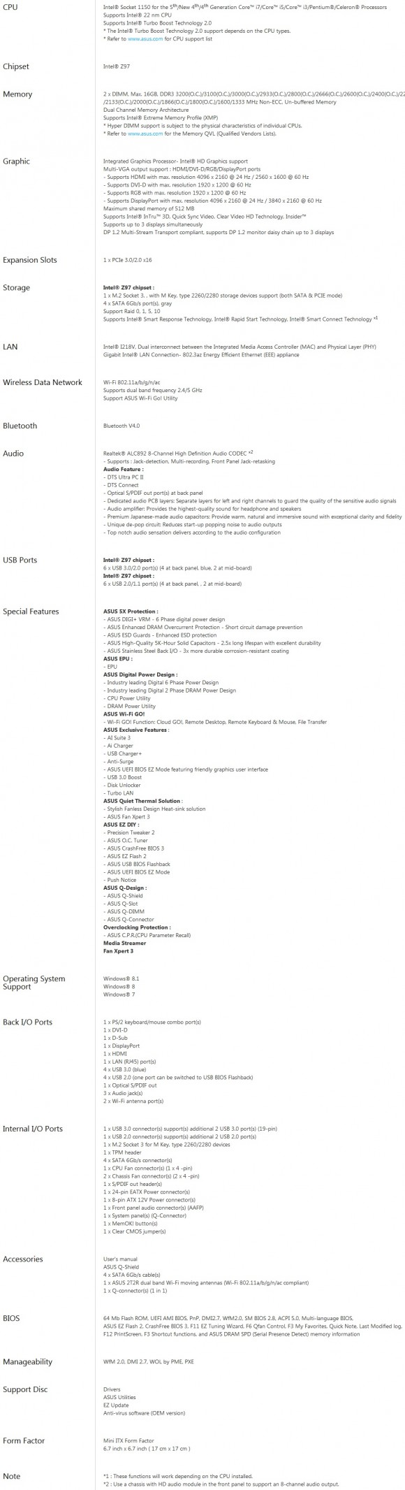ASUS Z97I-PLUS - specificatii